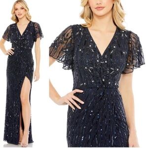 Mac Duggal Navy Sequin Gown with Flutter Sleeves New without tags